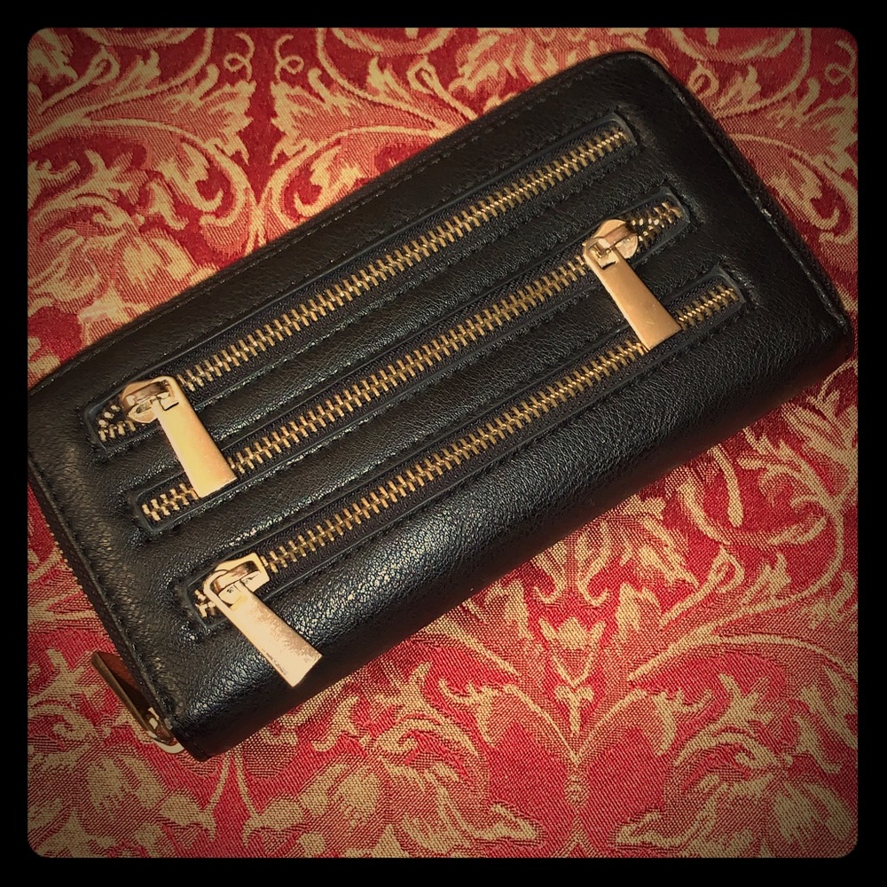 Black Wallet with Gold Zipper Accents